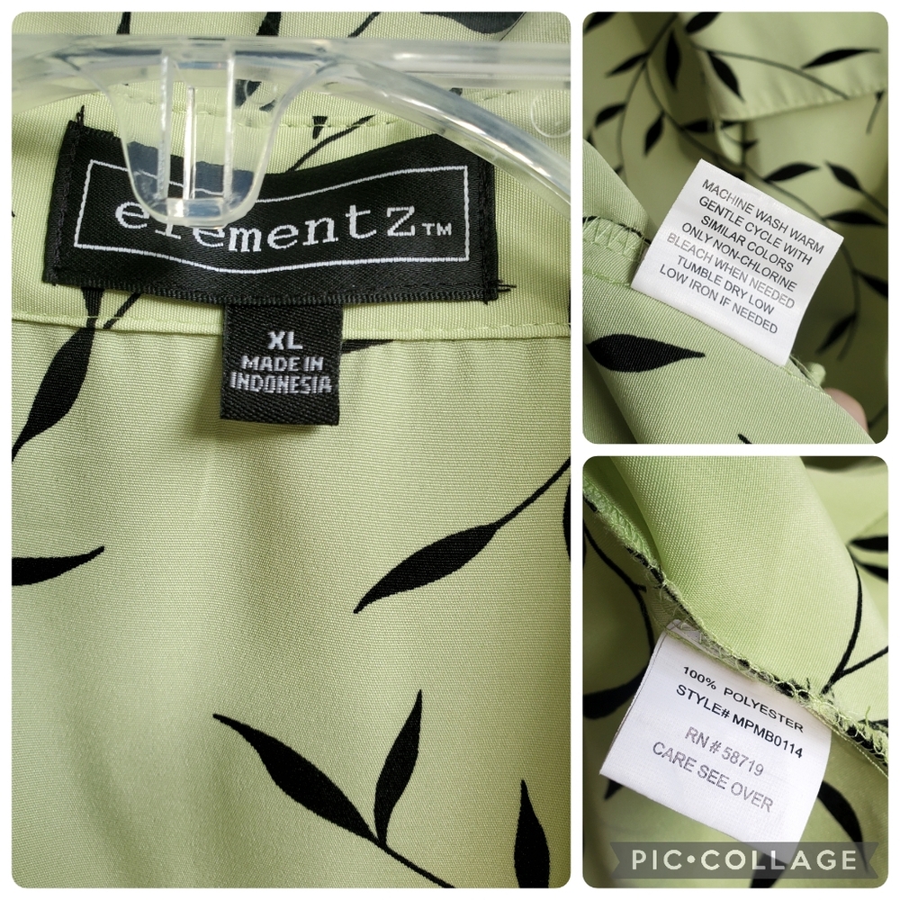 elementz Black Vine Leaf Pattern Short Sleeve Button-down Pistachio Green Blouse - Picture 2 of 13